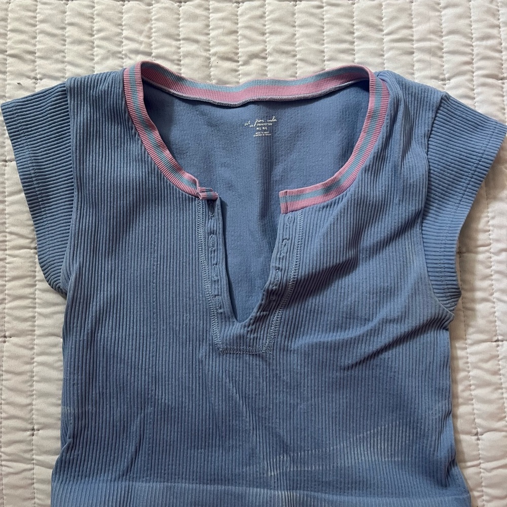 Out From Under Blue Ribbed Top with Pink Trim